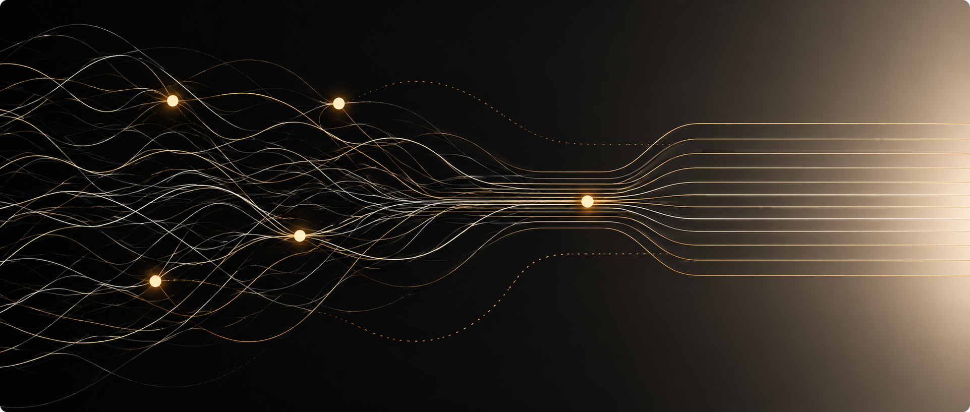 Fine gold and white paths converging from many directions into an ordered flow.